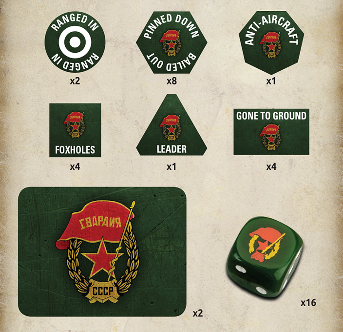 WW2 - Soviet Guards Gaming Set (x20 Tokens, x2 Objectives, x16 Dice) - TD050